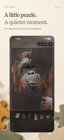 Frume App Store screenshot showing a photo puzzle and its piece tray