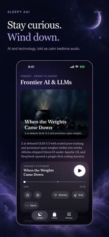 Sleepy AGI App Store screenshot showing audio briefings and playback controls